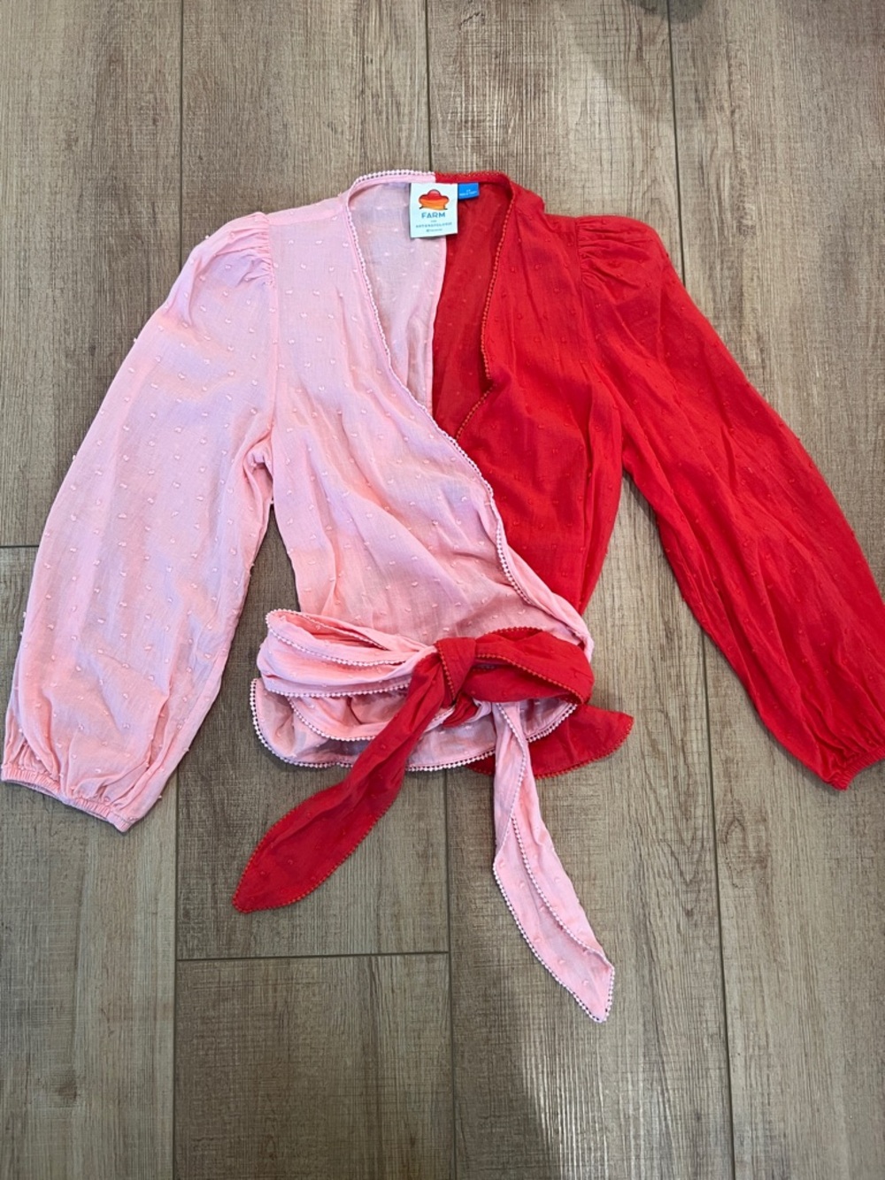 FARM  For Anthropologie Pink and Red Wrap Tie Blouse